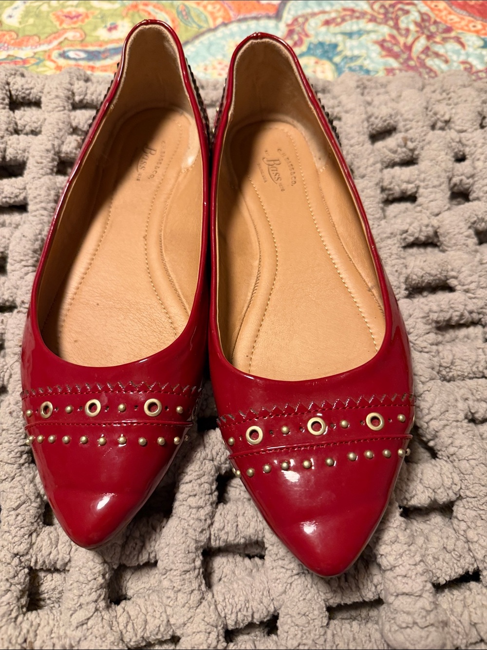 Bass Red Patent Pointed-Toe Flats with Grommet Detail